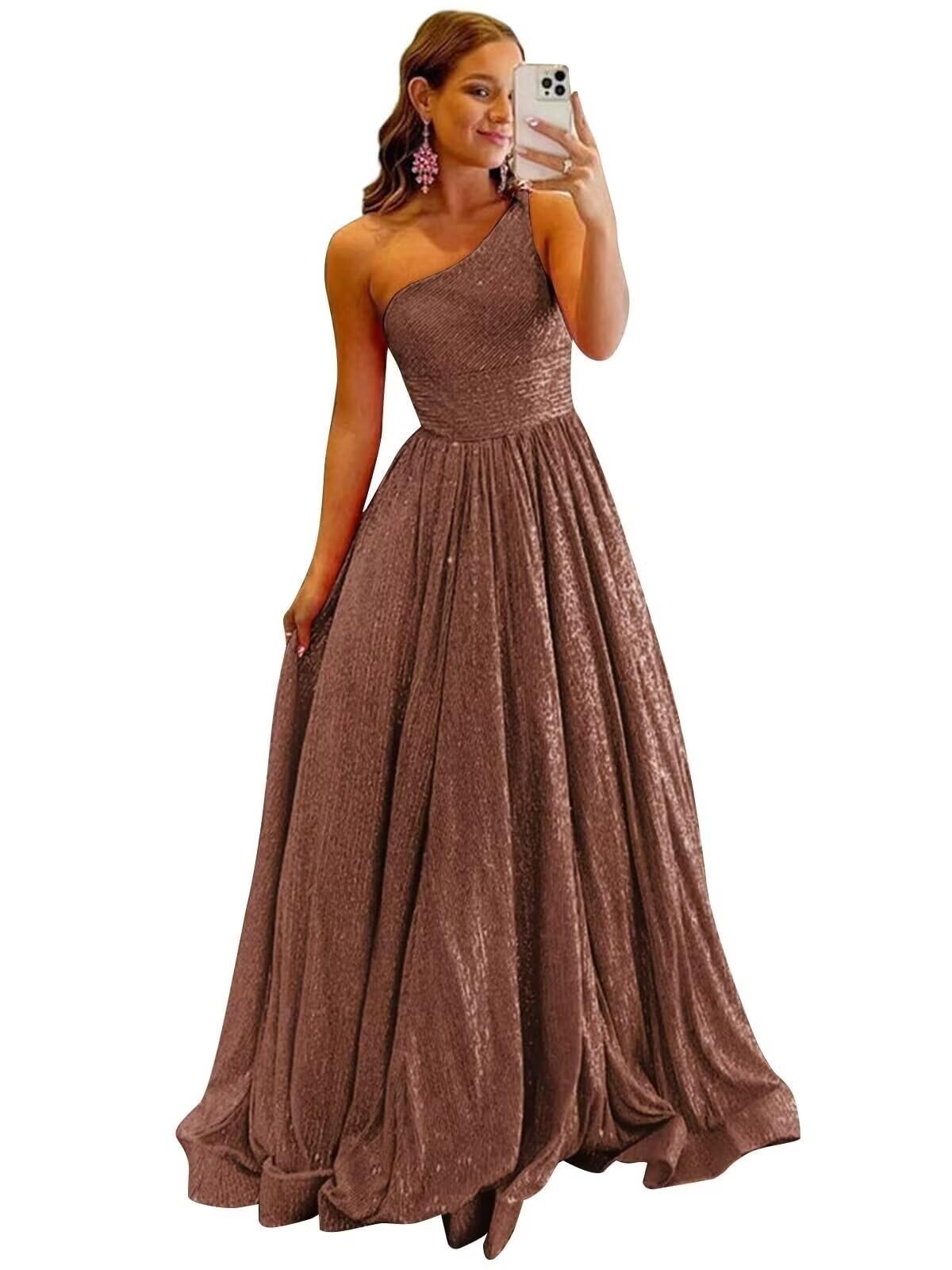One Shoulder Sequin Prom Dresses for Women 2027 Sparkly Long A-Line Formal Evening Party Ball Gowns with Pockets