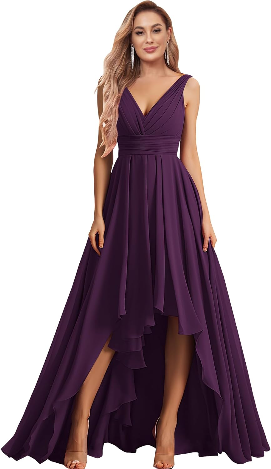 Vestidos de dama de honor con escote en V para mujer, para boda, con bolsillos, de gasa fruncida, largos, formales, para fiesta de graduación y noche.