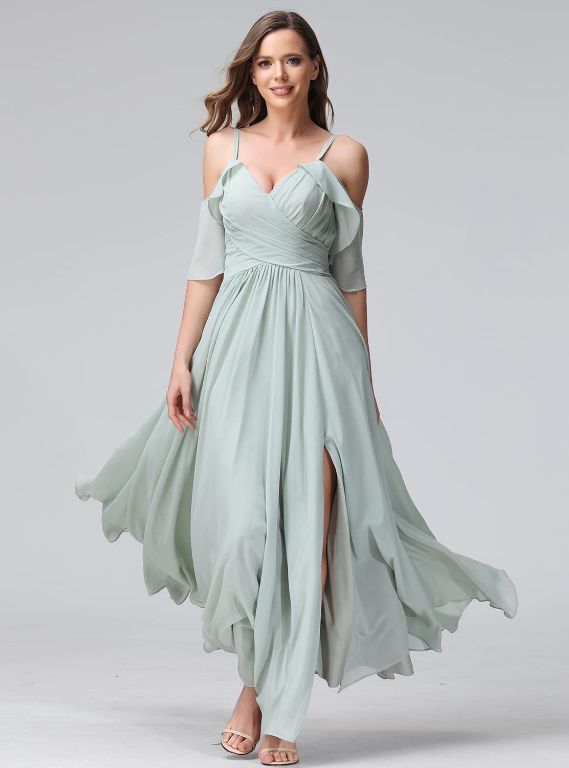 Women's Long Spaghetti Straps Bridesmaid Dress with Slit Off Shoulder Chiffon Formal Party Gowns