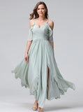 Women's Long Spaghetti Straps Bridesmaid Dress with Slit Off Shoulder Chiffon Formal Party Gowns