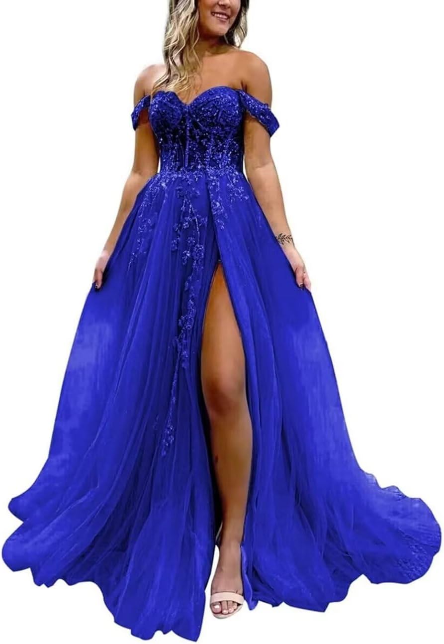 Off The Shoulder Tulle Prom Dress with Laces Applique A-line Slit Long Ball Gowns Glitter Formal Evening Dress