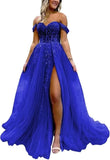 Off The Shoulder Tulle Prom Dress with Laces Applique A-line Slit Long Ball Gowns Glitter Formal Evening Dress
