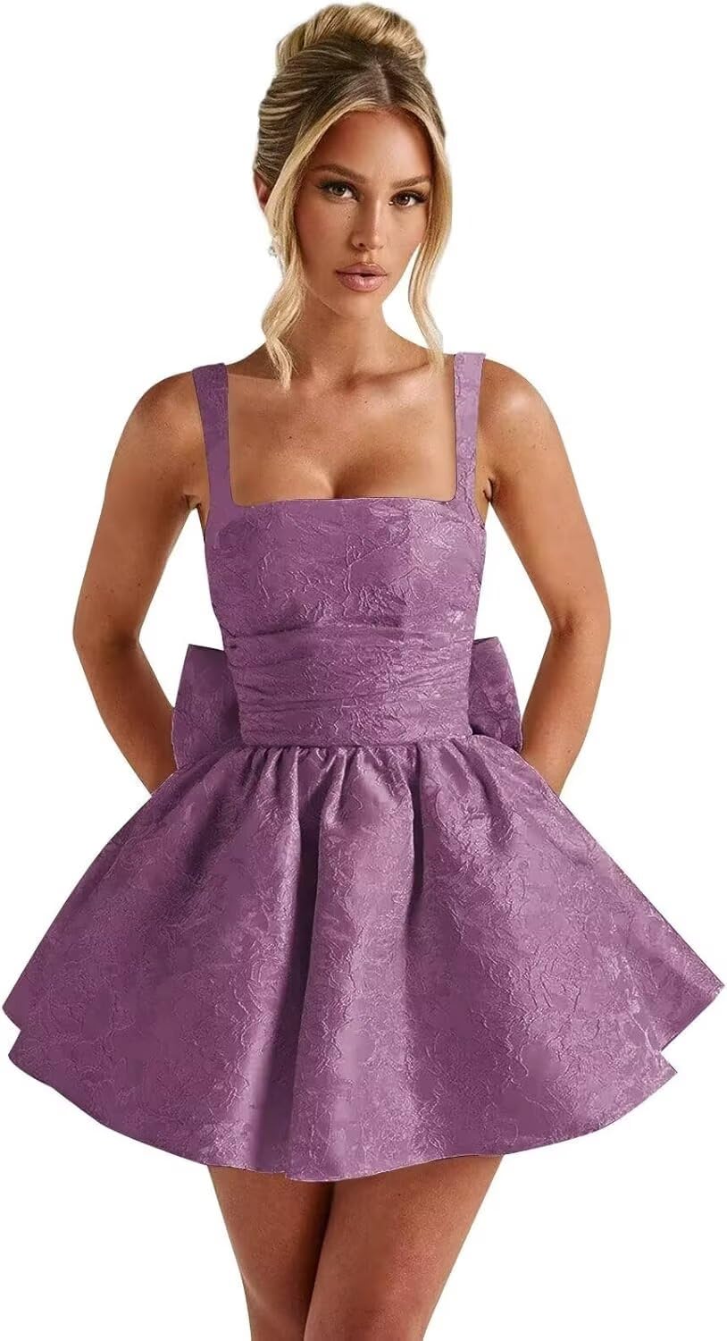 Jacquard Satin Homecoming Dresses for Teens Spaghetti Straps Short Prom Dress A-line Cocktail Party Gowns with Bow