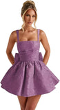 Jacquard Satin Homecoming Dresses for Teens Spaghetti Straps Short Prom Dress A-line Cocktail Party Gowns with Bow