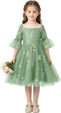 Floral Embroidery Flower Girl Dress Puff Sleeve Birthday Party Gown Girls Tulle A-Line Short Wedding Guests Dresses