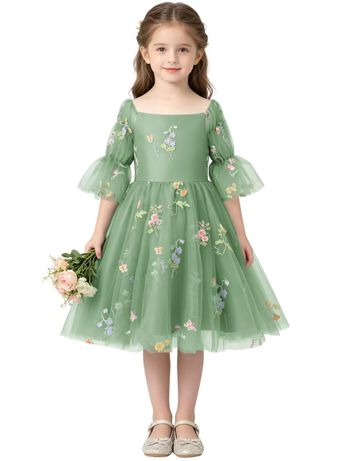 Floral Embroidery Flower Girl Dress Puff Sleeve Birthday Party Gown Girls Tulle A-Line Short Wedding Guests Dresses