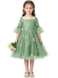 Floral Embroidery Flower Girl Dress Puff Sleeve Birthday Party Gown Girls Tulle A-Line Short Wedding Guests Dresses