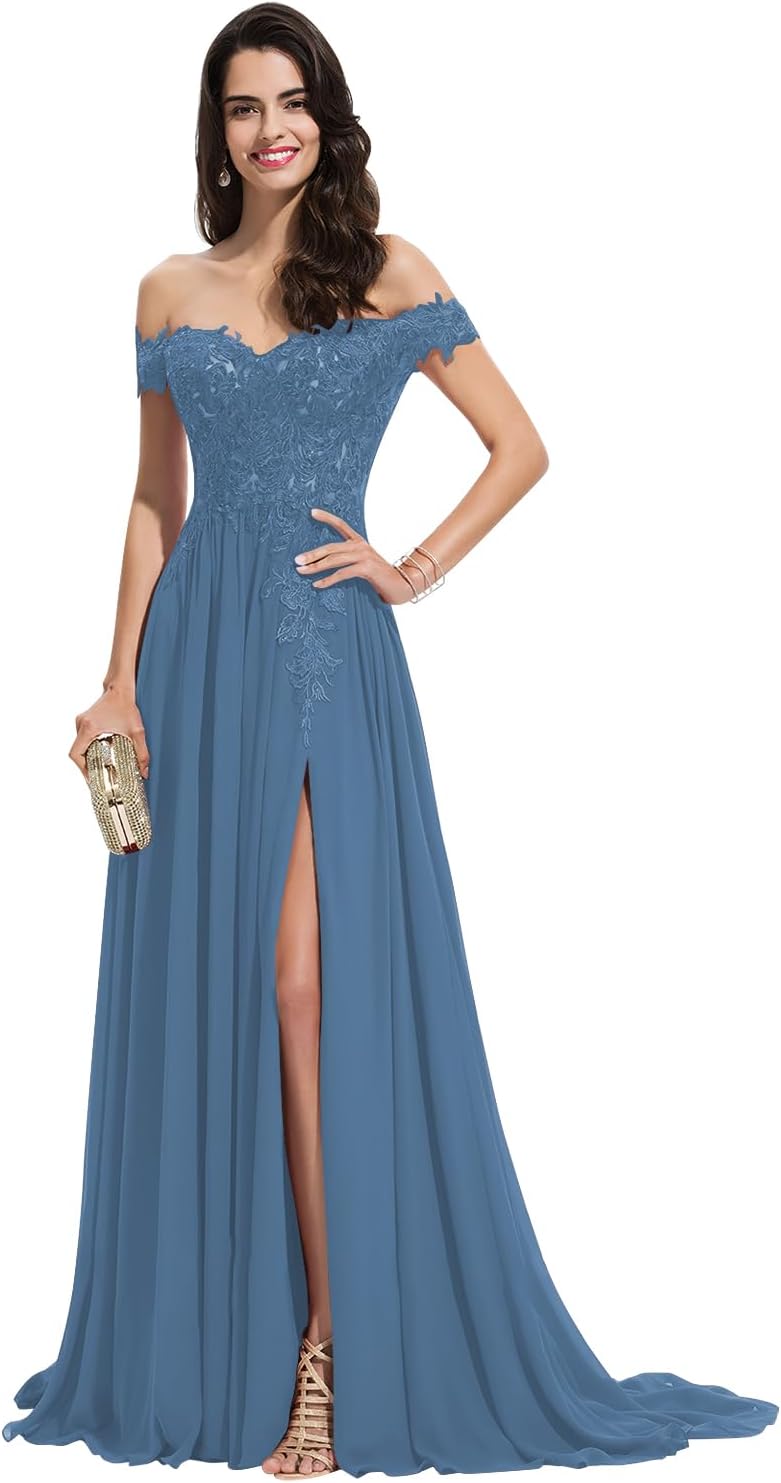 Women's Off The Shoulder Long Prom Dresses with Slit Lace Appliqued Chiffon Formal Party Gowns