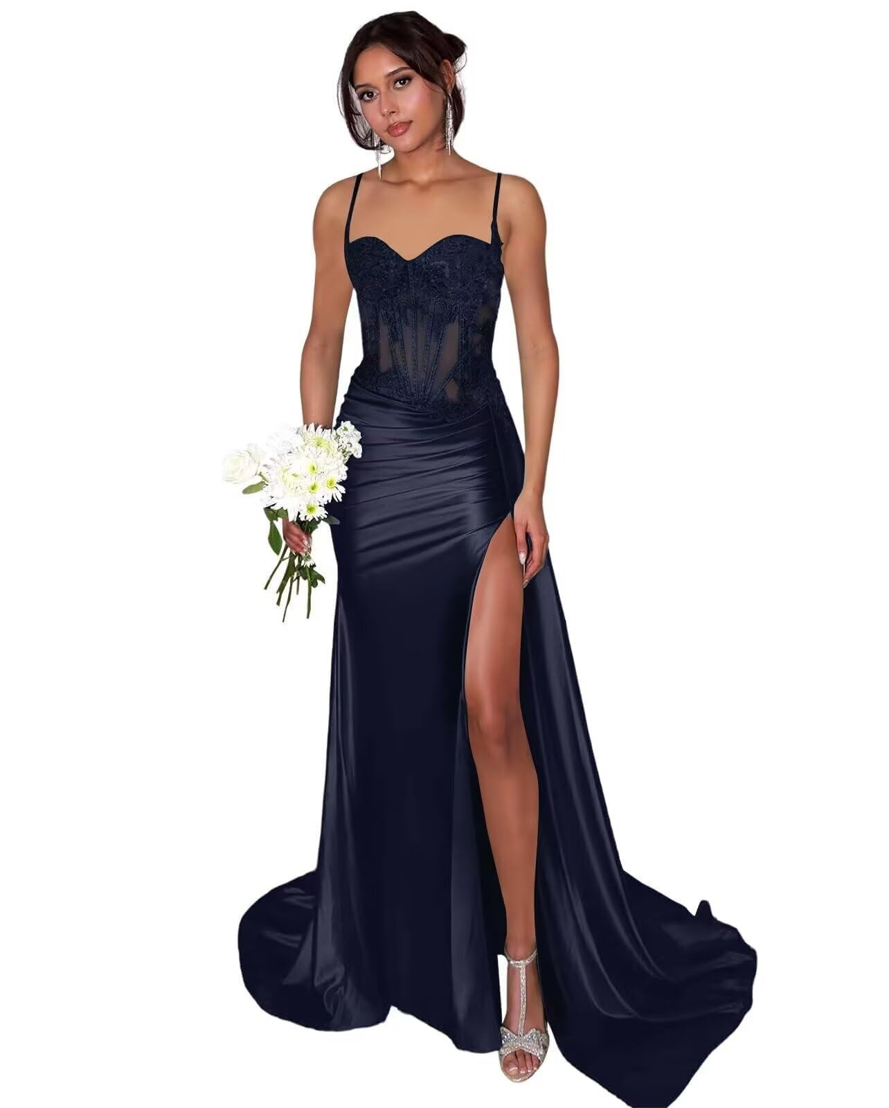 Lace Satin Prom Dresses for Women 2026 Long Mermaid Spaghetti Straps Corset Formal Evening Party Dress with Slit