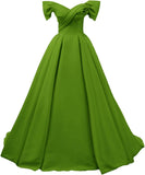 Off Shoulder Satin Prom Dresses for Women V-Neck Elegant A-Line Long Pleated Formal Evening Gown