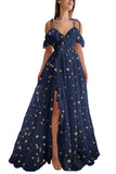 Tulle Cold Shoulder Long Sparkly Prom Dress Starry Ruffle Hem Slit Formal Party Dress Evening Gowns