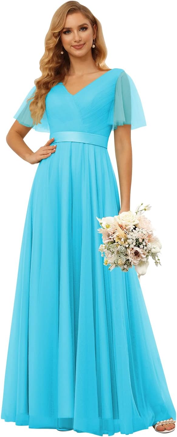 Damen Brautjungfernkleider mit Flatterärmeln, Tüll, lang, V-Ausschnitt, Empire-Taille, formelles Kleid 
