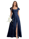 Floral Bridesmaid Dresses for Women Long A-Line Square Neck Lace Formal Evening Gown with Sleeves Slit