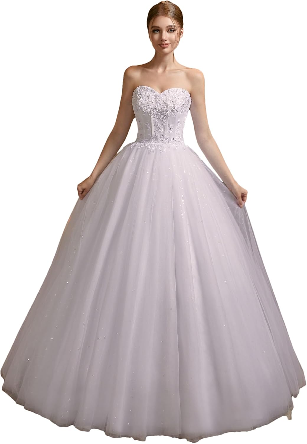 Women's Sweetheart Applique Beaded Corset Bridal Shiny Tull Wedding Dresses for Bride