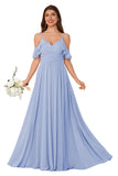 Women's Long Chiffon Bridesmaid Dresses Ruffle V Neck Formal Evening Prom Gown Spaghetti Strap Maxi Wedding Guest Dress