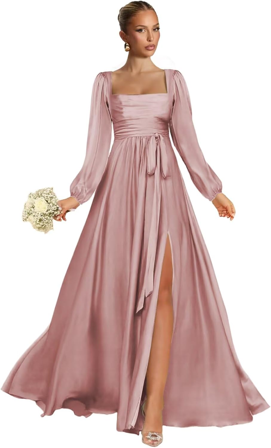 Satin Bridesmaid Dresses with Slit Long Sleeve Square Neck A Line Maxi Formal Dress