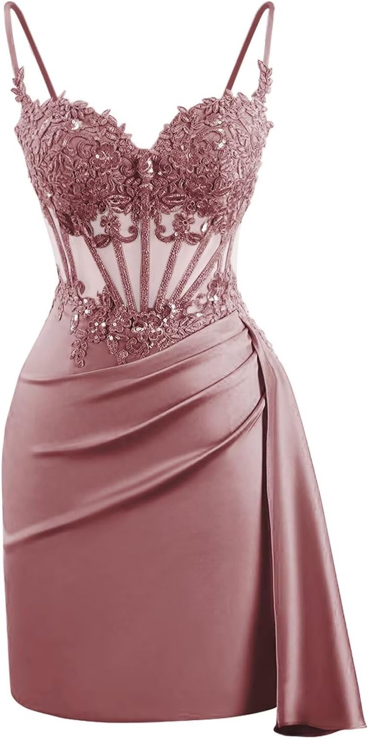 Lace Satin Homecoming Dresses for Teens 2027 Short Prom Dress Spaghetti Straps Corset Cocktail Formal Evening Gowns
