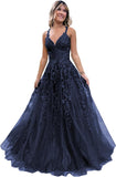 Women's Sparkly Tulle Lace Applique Prom Dresses 2025 Long Spaghetti Straps Formal Evening Gowns