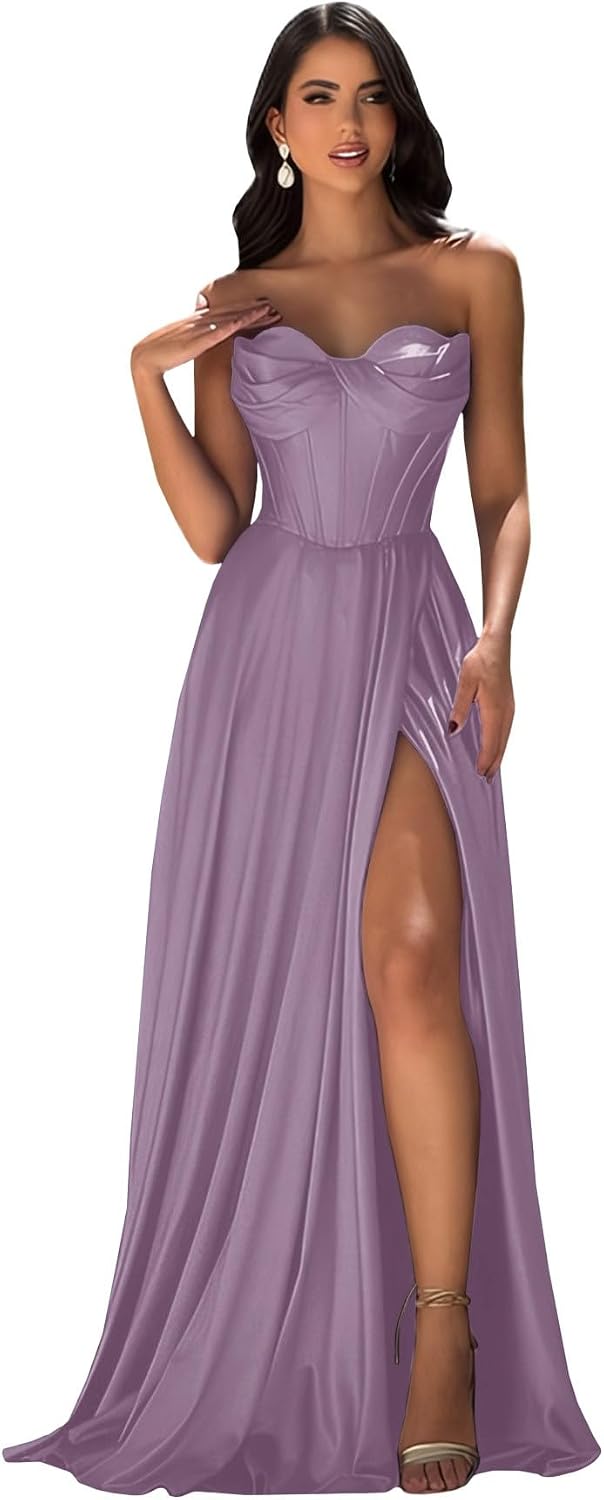 Strapless Prom Dress with Slit Satin A Line Long Ball Gowns for Women Sweetheart Corset Formal Dress with Pockets