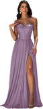 Strapless Prom Dress with Slit Satin A Line Long Ball Gowns for Women Sweetheart Corset Formal Dress with Pockets