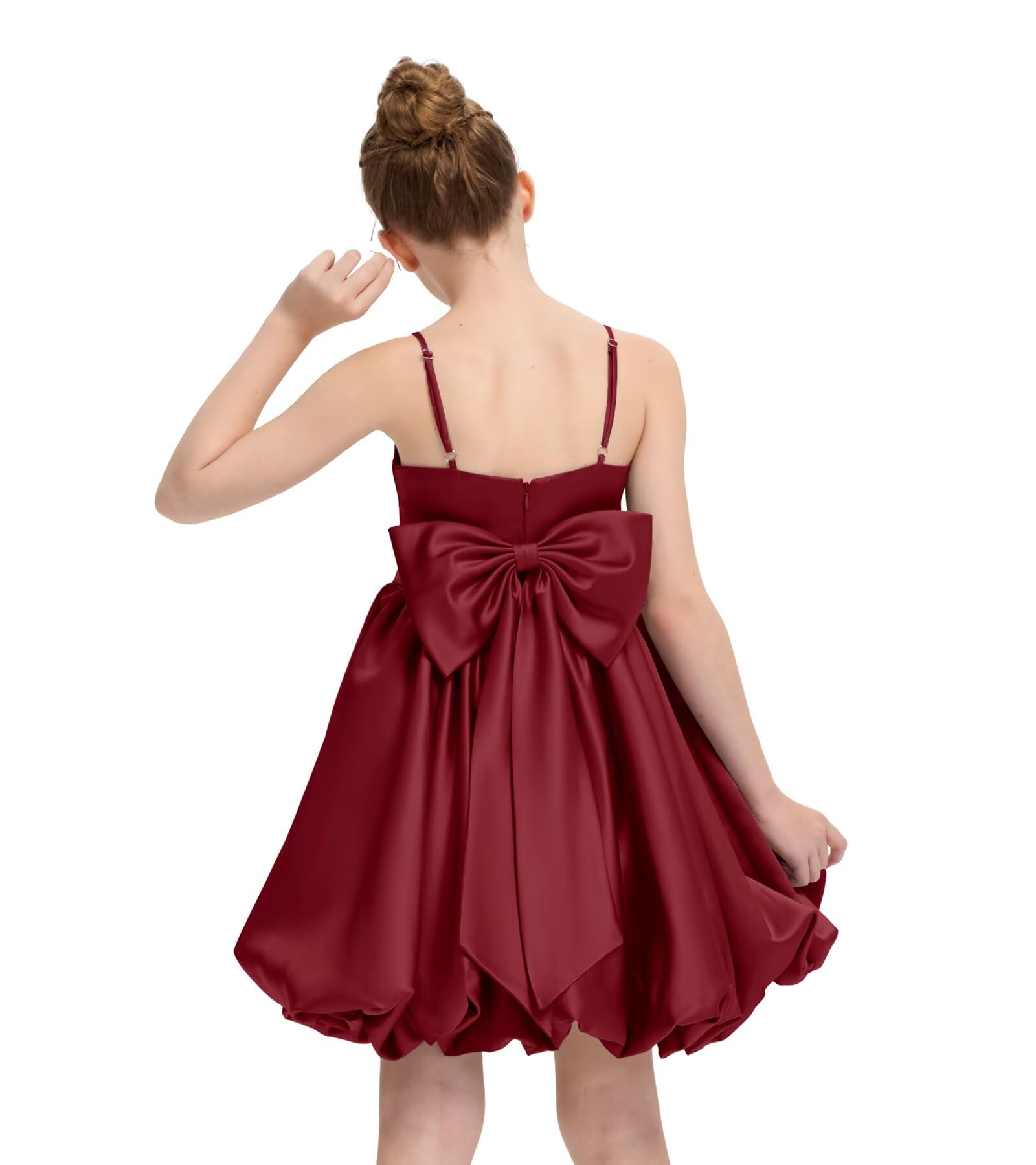 Satin Homecoming Dress for Girls Short Satin Flower Girl Dresses for Wedding Party Prom Gown with Bow