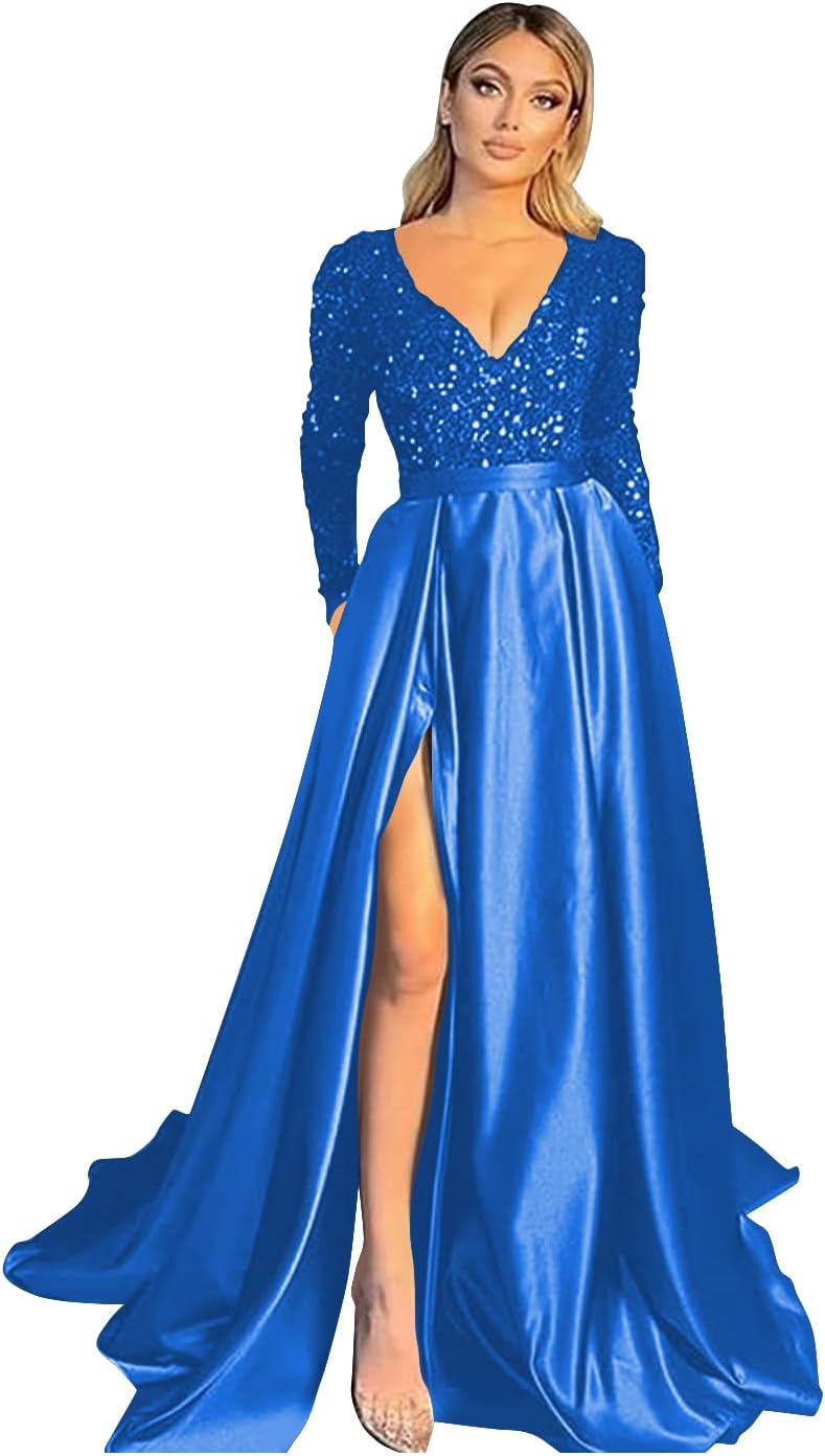 Vestido de fiesta de satén con lentejuelas brillantes para mujer, con bolsillos, manga larga y abertura. 