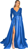Vestido de fiesta de satén con lentejuelas brillantes para mujer, con bolsillos, manga larga y abertura. 