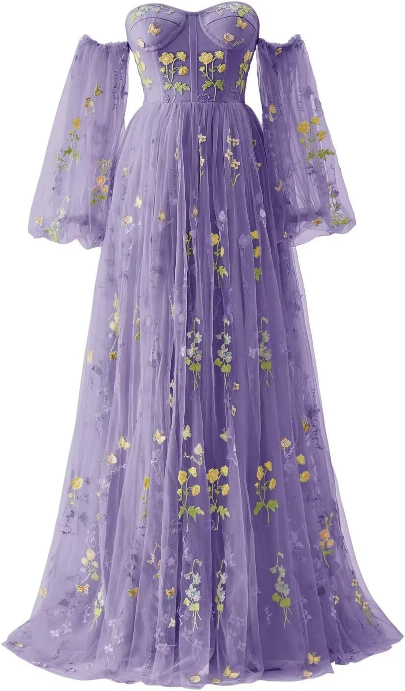 Vestidos de fiesta de tul con bordado de flores para mujer, 2024, largos, con hombros descubiertos, formales, para noche 