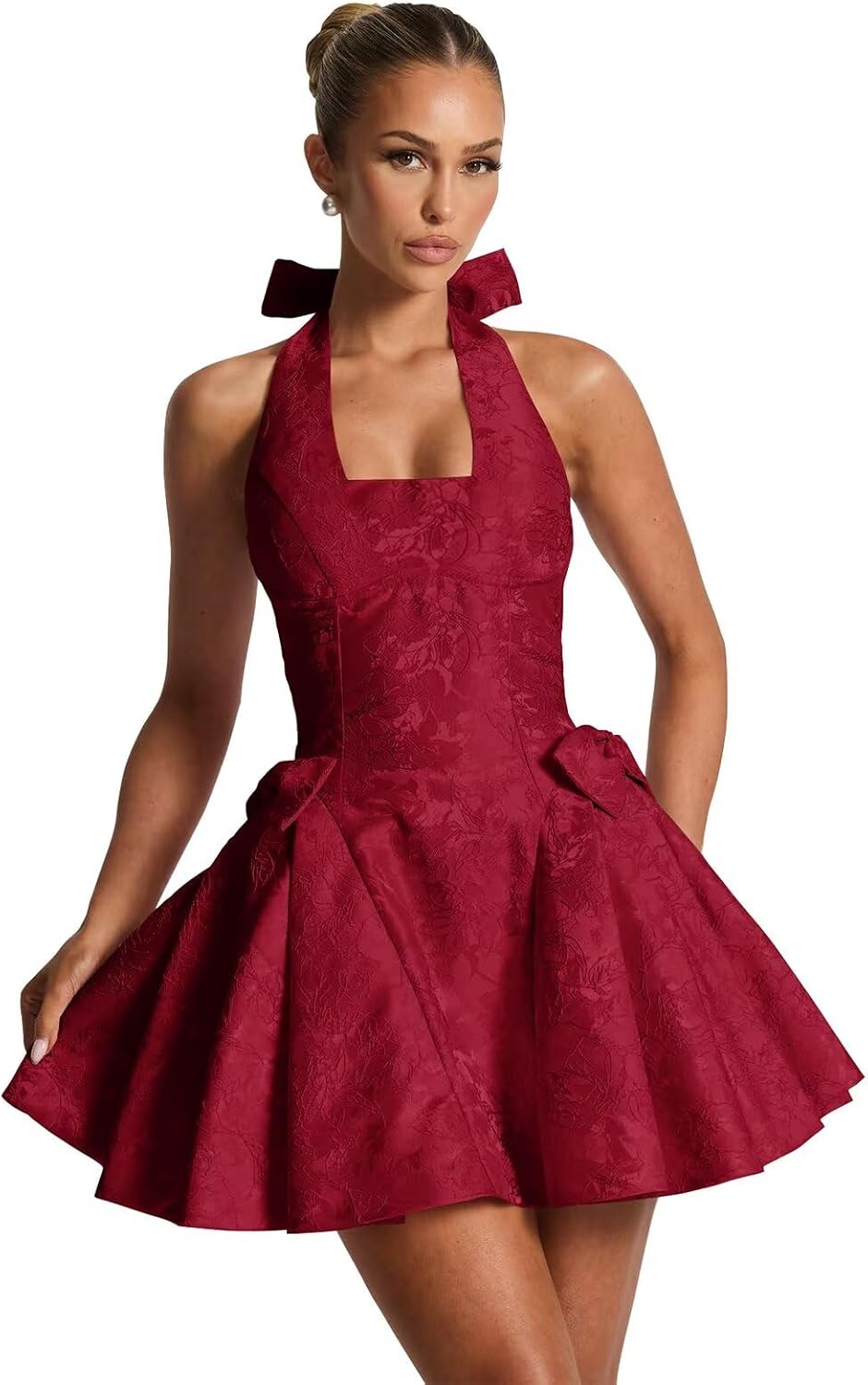 Satin Jacquard Halter Homecoming Dresses with Bow for Teens Mini A-Line Puffy Cocktail Corset Evening Party Gown