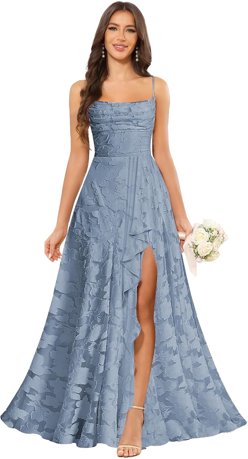 Women’s Ruffled Bridesmaid Dresses Scoop Neck Floral Chiffon Formal Dress Wrap Pleated Wedding Guest Dress