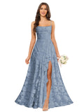 Women’s Ruffled Bridesmaid Dresses Scoop Neck Floral Chiffon Formal Dress Wrap Pleated Wedding Guest Dress