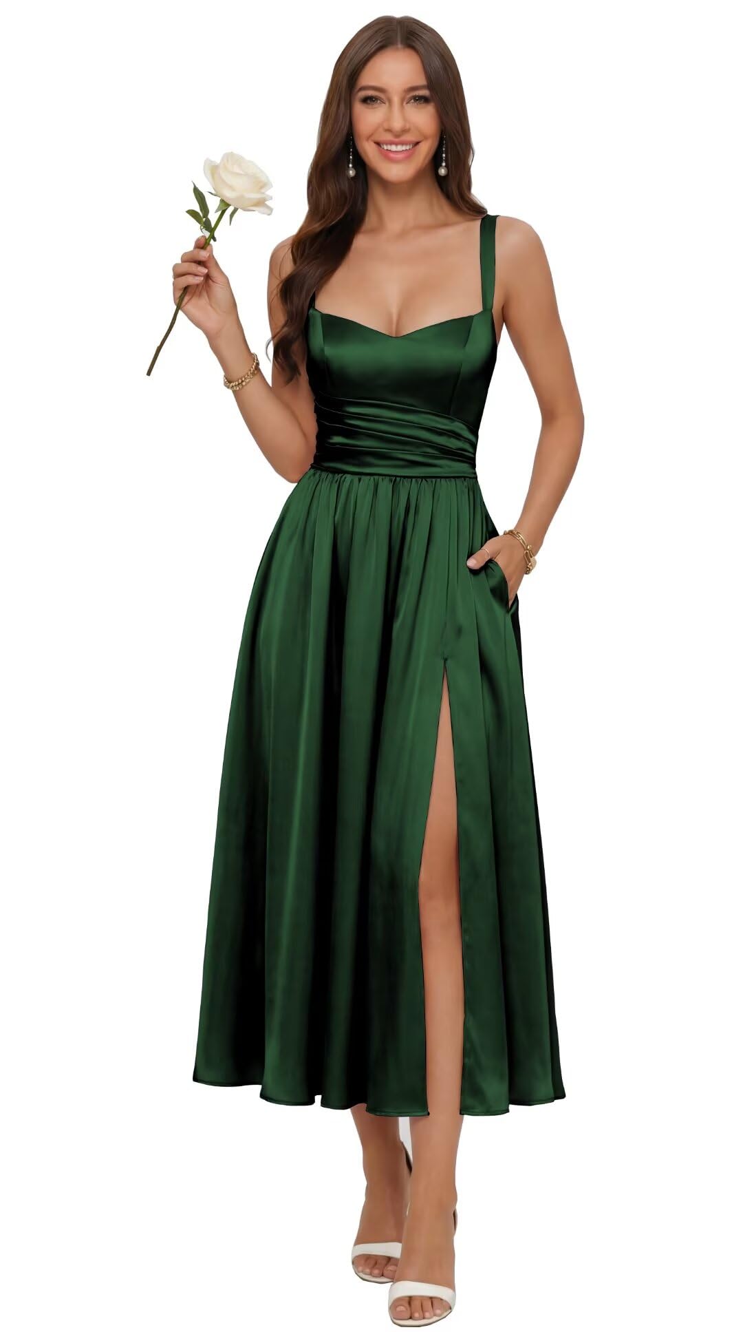 Jacquard Satin Bridesmaid Dresses for Women Spaghetti Straps A Line Tea Length Formal Dress