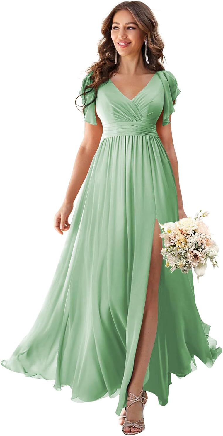 V Neck Flutter Sleeves Bridesmaid Dresses with Slit 2025 Chiffon Aline Pleats Formal Evening Gowns for Women
