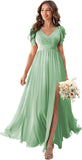 V Neck Flutter Sleeves Bridesmaid Dresses with Slit 2025 Chiffon Aline Pleats Formal Evening Gowns for Women