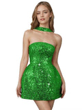 Strapless Sequin Homecoming Dresses for Teens Short Prom Dress Sparkly A-Line Cocktail Party Gowns with Pockets