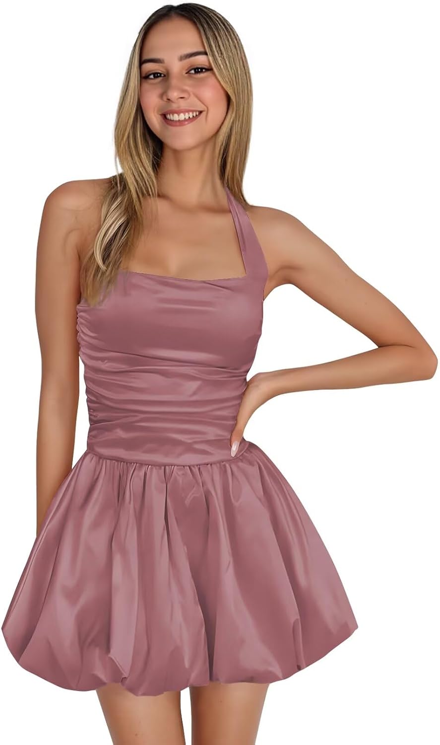 Satin Halter Homecoming Dresses for Teens Short Prom Dress 2027 Flower Bud Ruched Formal Cocktail Gown with Pockets