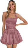 Satin Halter Homecoming Dresses for Teens Short Prom Dress 2027 Flower Bud Ruched Formal Cocktail Gown with Pockets