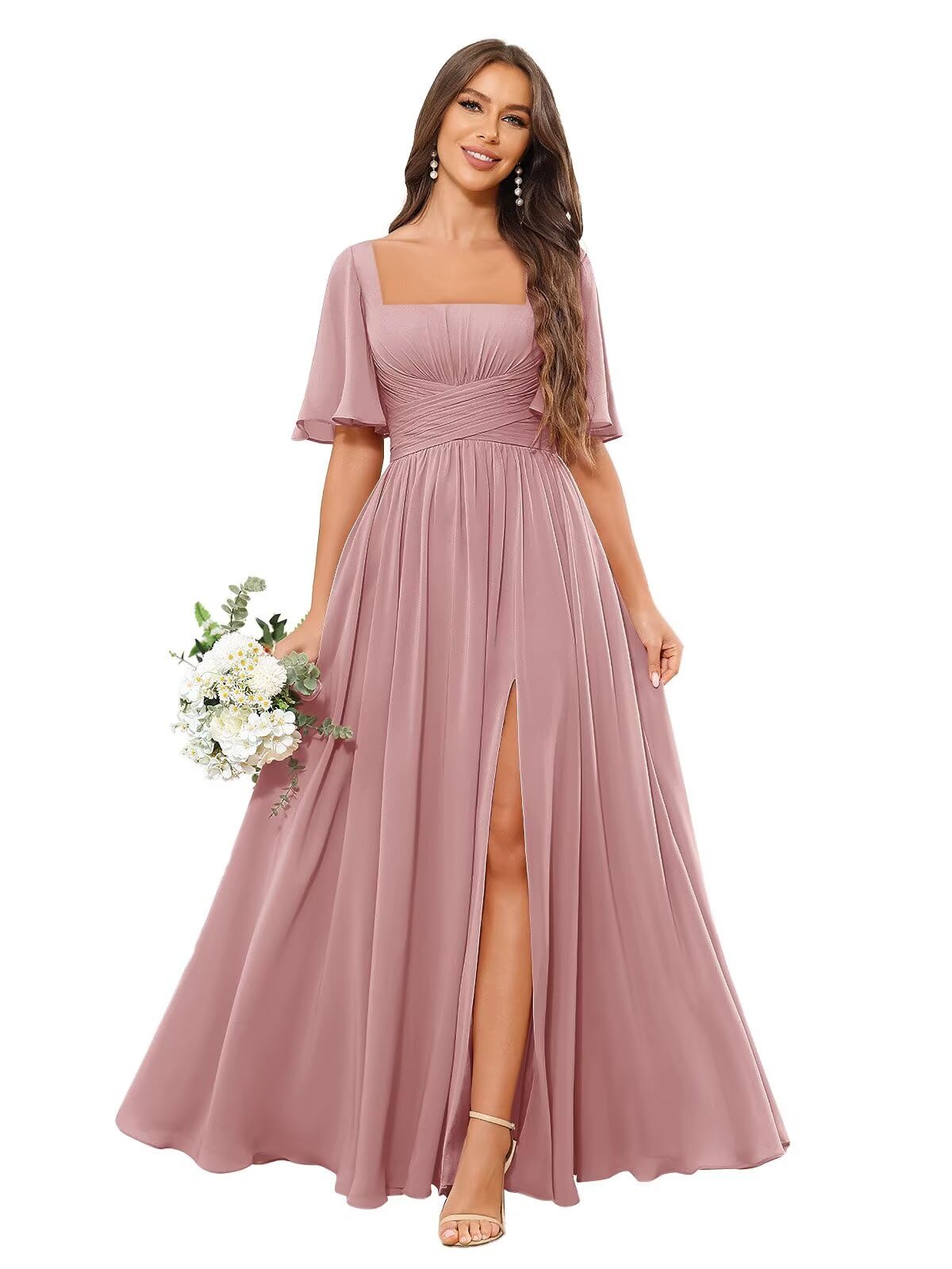 Square Neck Bridesmaid Dresses with Slit Pockets Flutter Sleeve Long Chiffon Formal Wedding Guest Dress