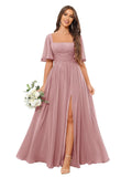 Square Neck Bridesmaid Dresses with Slit Pockets Flutter Sleeve Long Chiffon Formal Wedding Guest Dress