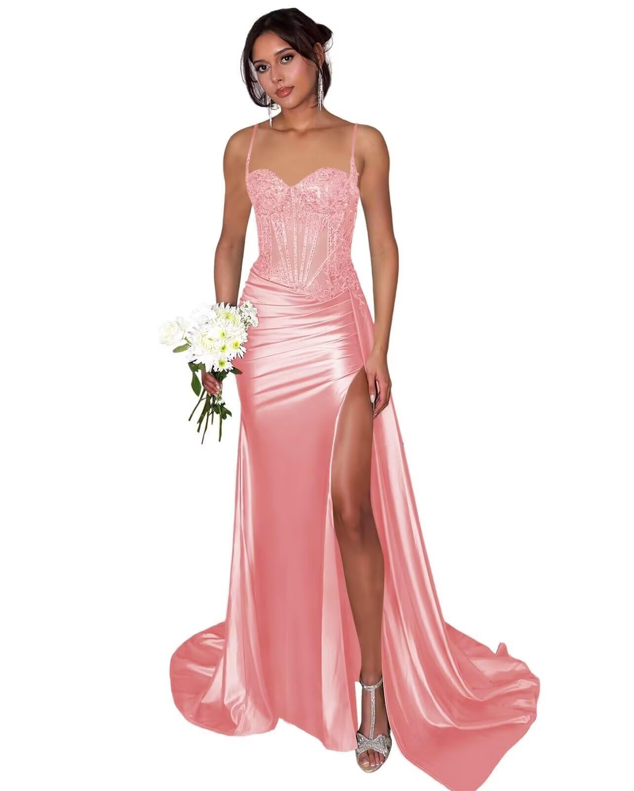 Lace Satin Prom Dresses for Women 2026 Long Mermaid Spaghetti Straps Corset Formal Evening Party Dress with Slit