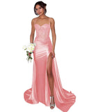 Lace Satin Prom Dresses for Women 2026 Long Mermaid Spaghetti Straps Corset Formal Evening Party Dress with Slit