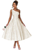 Jacquard Floral Satin Prom Dresses 2026 One Shoulder A-Line Midi Formal Evening Party Gown with Pockets for Women