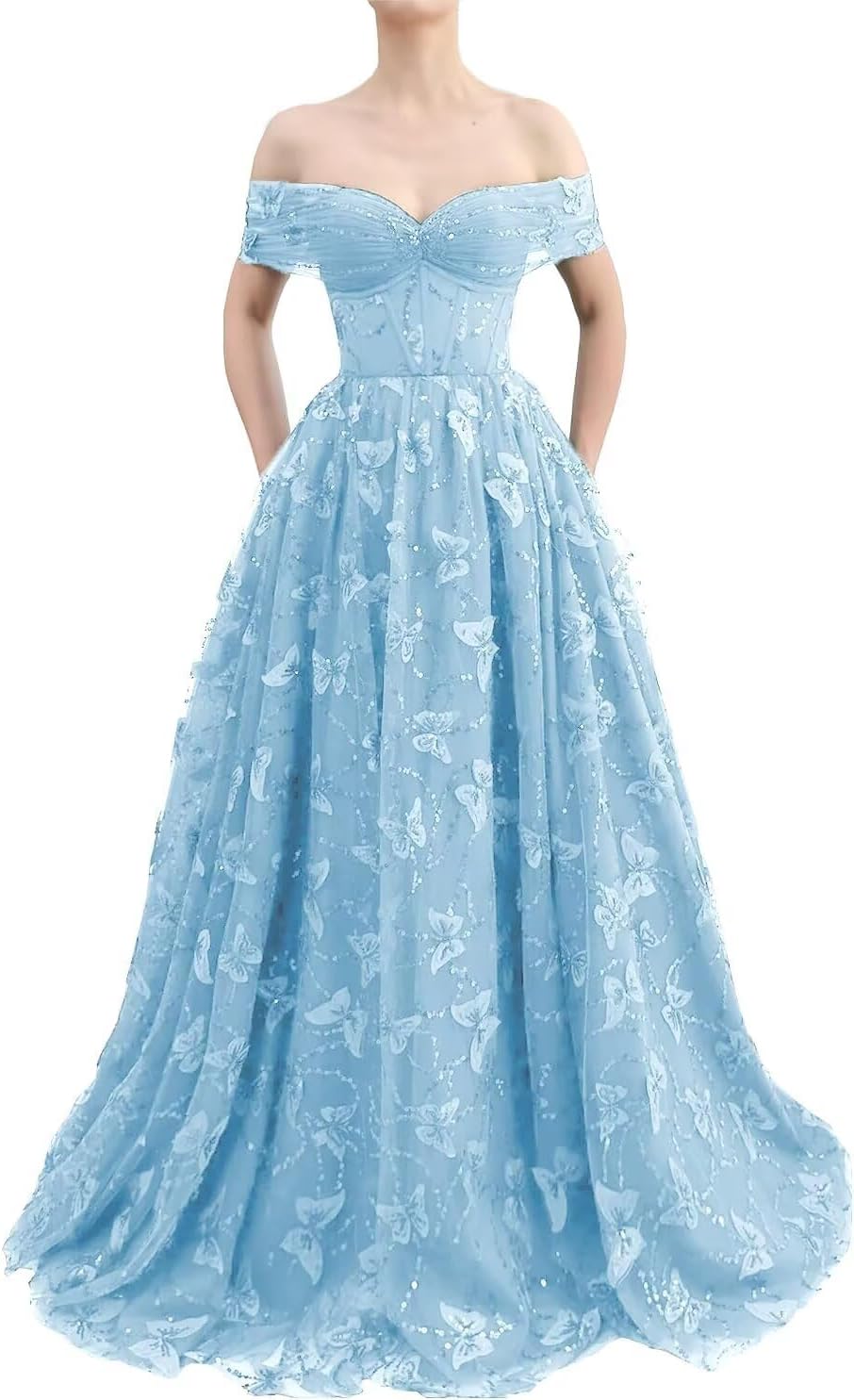 Sparkly Off Shoulder Tulle Prom Dresses with Butterfly Appliques Long A Line Formal Evening Party Gowns for Women