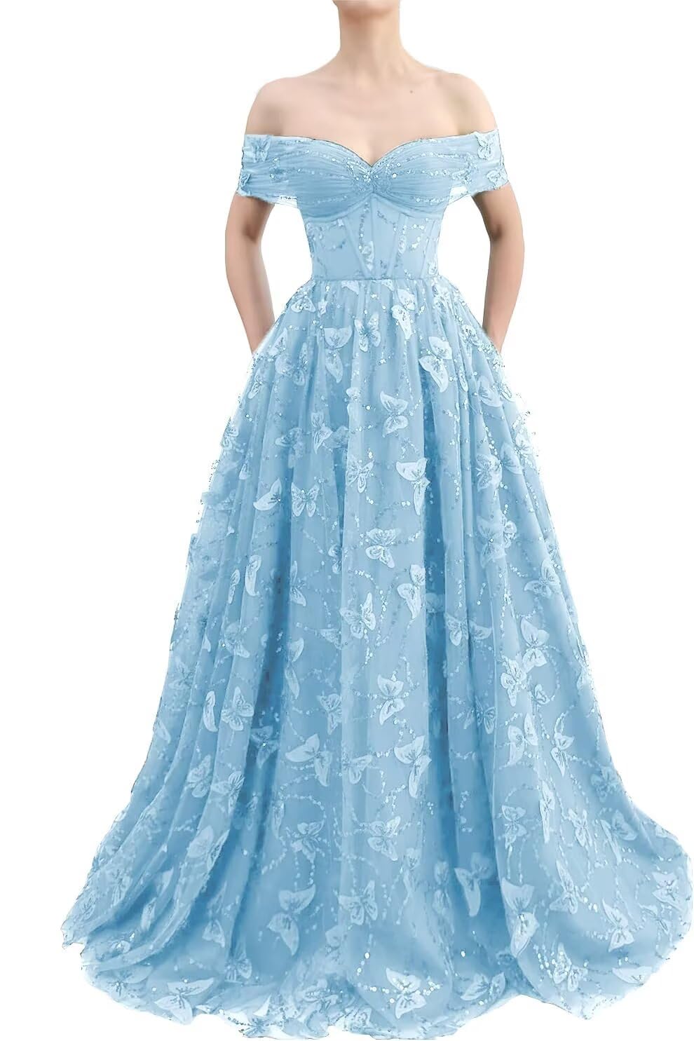 Sparkly Off Shoulder Tulle Prom Dresses with Butterfly Appliques Long A Line Formal Evening Party Gowns for Women