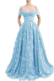 Sparkly Off Shoulder Tulle Prom Dresses with Butterfly Appliques Long A Line Formal Evening Party Gowns for Women
