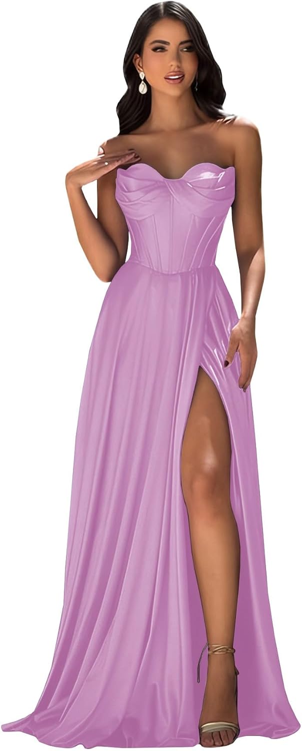 Strapless Prom Dress with Slit Satin A Line Long Ball Gowns for Women Sweetheart Corset Formal Dress with Pockets