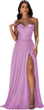 Strapless Prom Dress with Slit Satin A Line Long Ball Gowns for Women Sweetheart Corset Formal Dress with Pockets