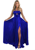 Vestido de fiesta de satén metálico brillante con abertura para mujer, vestido formal de noche plisado con cuello halter 