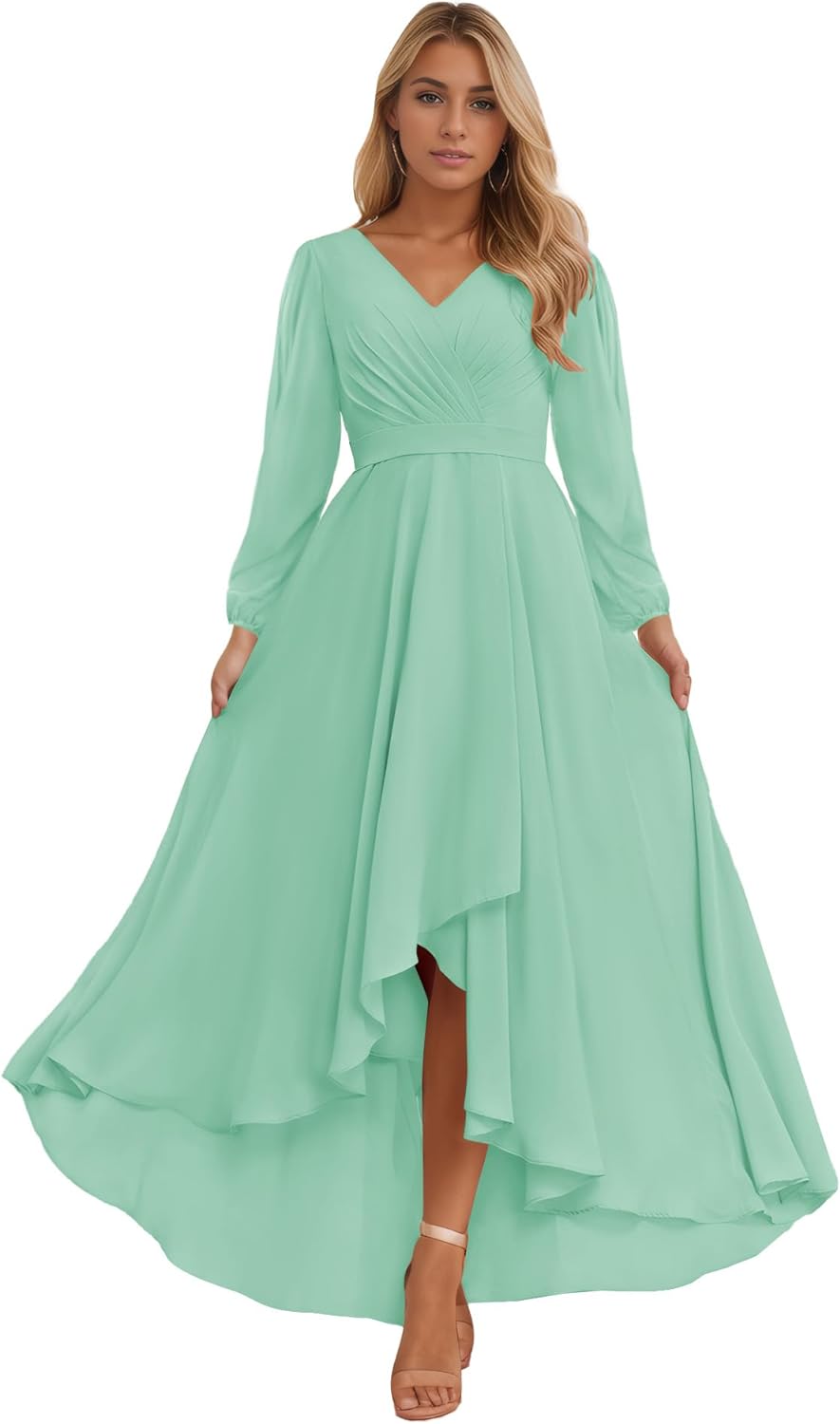 Long Sleeve Bridesmaid Dresses for Women 2025 V Neck Ruched Chiffon Formal Dress