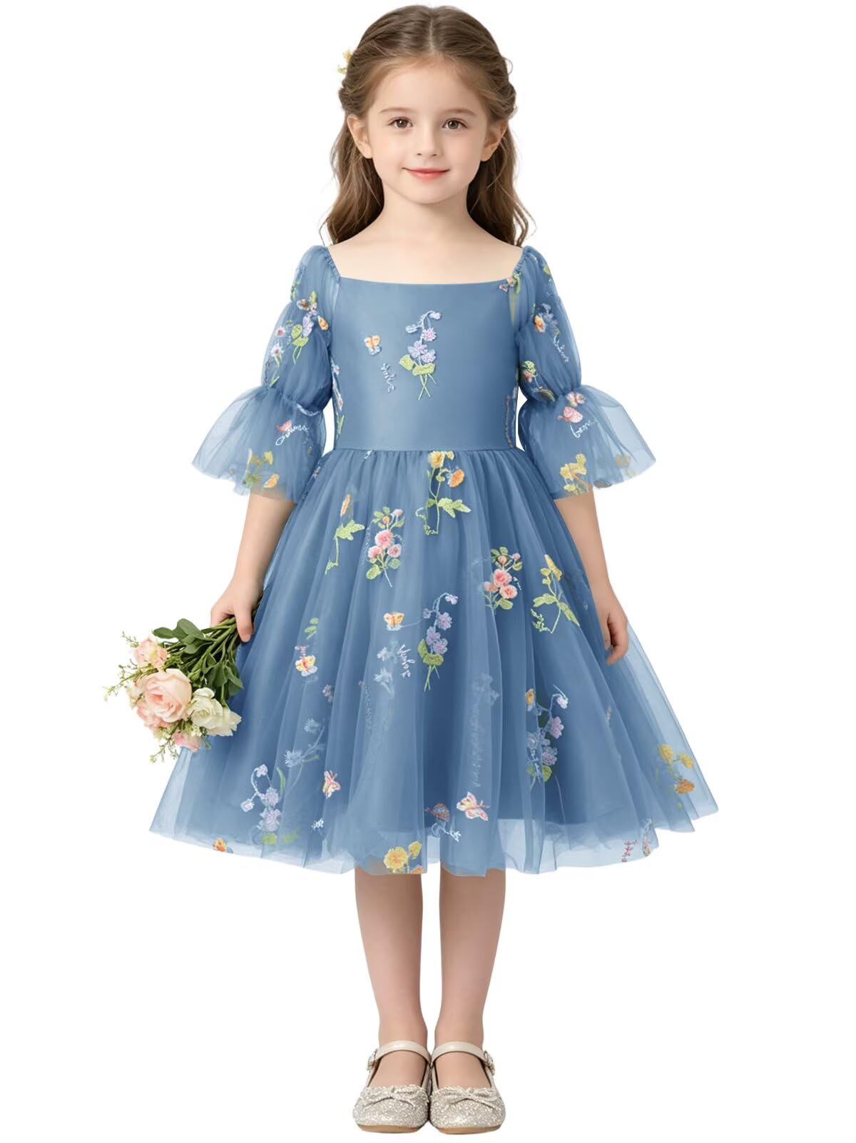 Floral Embroidery Flower Girl Dress Puff Sleeve Birthday Party Gown Girls Tulle A-Line Short Wedding Guests Dresses